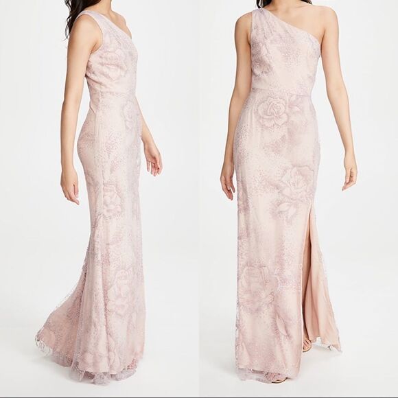 Marchesa Notte Tulle One Shoulder Flocked Glitter Gown US0 - Picture 7 of 12